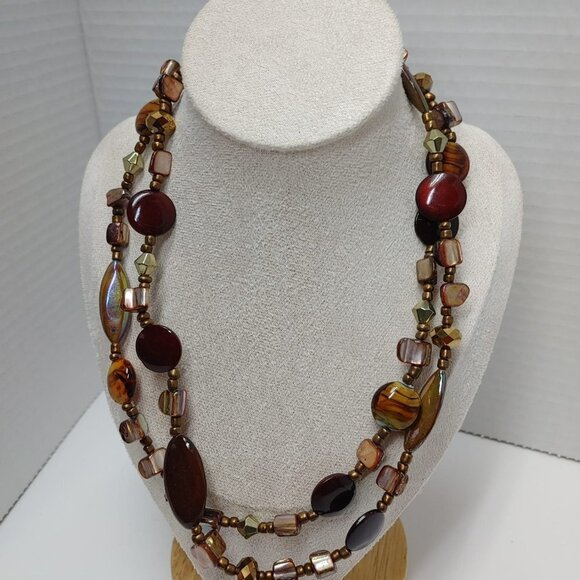 2/$30 Brown Glass Bronze Tone Pearls Necklace Beads Boho Retro Vintage doble 20" - Picture 2 of 8